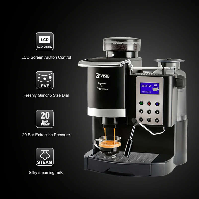 Najtaniej DEVISIB Professional All in One ekspres do kawy Americano Maker z młynek do ziaren i spieniacz do mleka stają się Barista łatwo