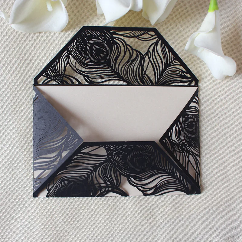 

Party invitation card black feather laser cut invitation envelop shiny paper customiable