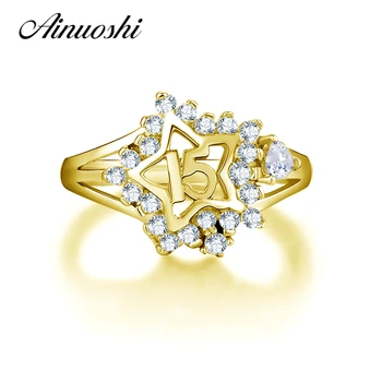 

AINUOSHI 14K Solid Yellow Gold Star Halo Ring AAAC+ Cubic Zirconia 15th Anniversary Wedding Jewelry Customized Ring for Women