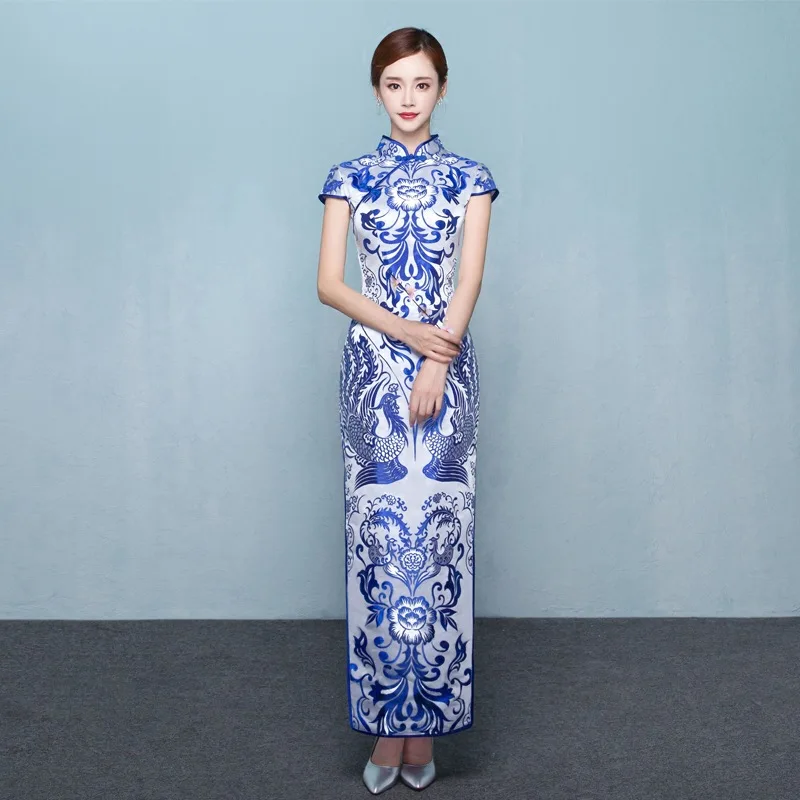 Высокое качество белый и синий Cheongsam сексуальный Qipao для женщин традиционное китайское платье вечернее платье для вечеринки платья Стиль Chinois Femme