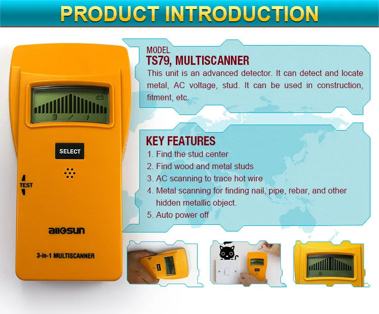 All-Sun TS79 шпилька/металл/детектор переменного тока 3 в 1 мультисканер металлический датчик поиск скрытого металлического объекта детектор домашний тестер напряжения