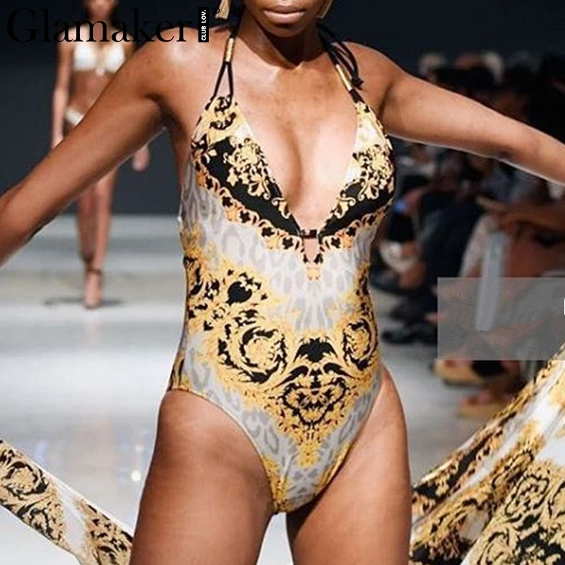Glamaker Print lace up bikini V neck swimwear one piece Halter sexy women monokini Push up bodysuit New spring one-piece suit