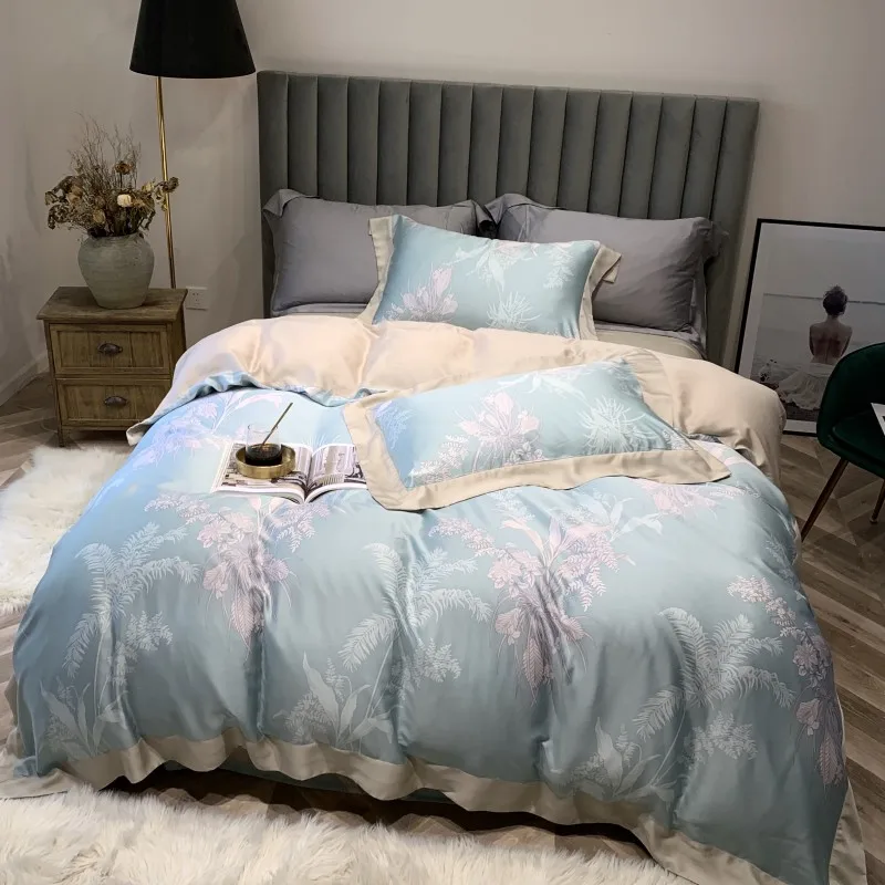 

600TC Tencel Summer Bedding Gray Marbe Tropical Floral Leaves Retro Duvet cover Bed sheet Pillow shams Queen King size 4Pieces