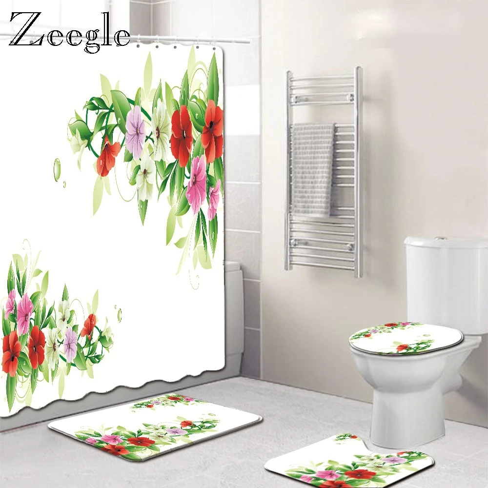 Zeegle 3D цветочный узор 4 шт. Ванная комната коврик для ванной комнаты Душ Шторы