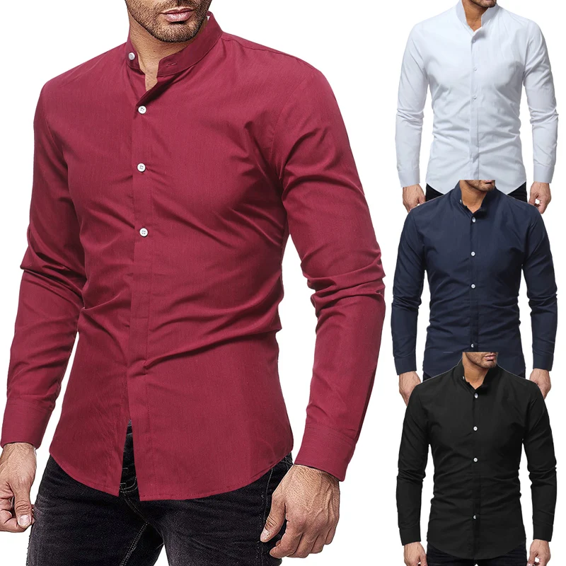 Бренд Для мужчин рубашки Повседневное рубашка с длинными рукавами мужской моды Стенд воротник социальной рубашка одноцветное Цвет Бизнес