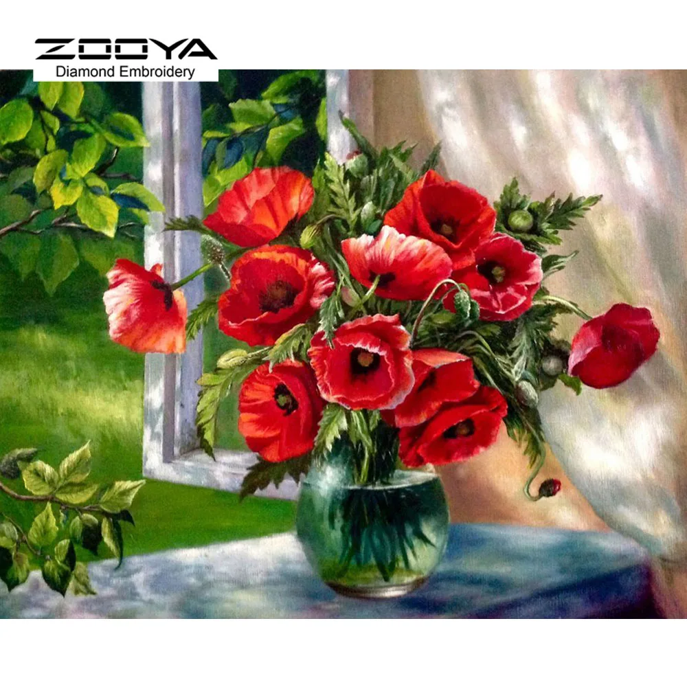 NEW 3D Diamond Painting Cross Stitch Red Floral Vase Crystal Needlework Diamond Embroidery Flower Full Diamond Decorative BJ509