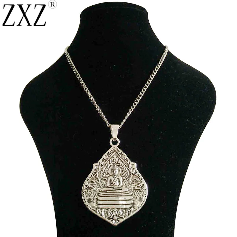 

ZXZ Large Silver Statement Abstract Metal Thai Meditation Buddha Buddhist Amulet Pendant on Long Chain Necklace Lagenlook 34"