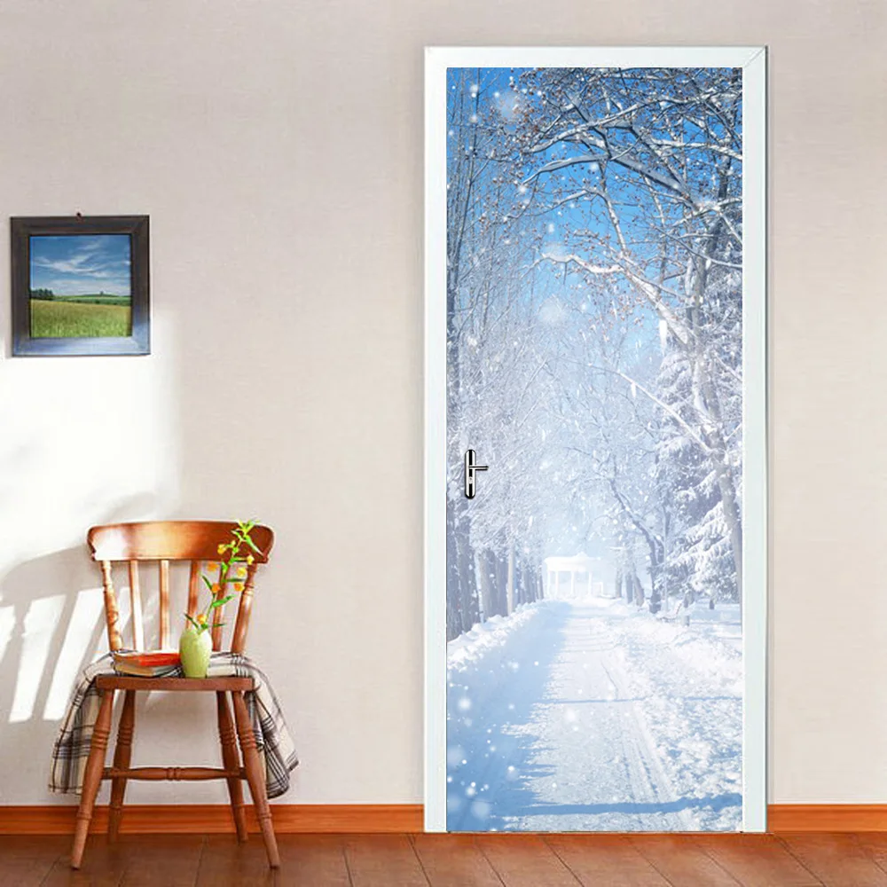 Зимний Снежный пейзаж декоративные наклейки на дверь домашний декор Креативные 3D Виниловые художественные фрески водонепроницаемые самоклеющиеся обои