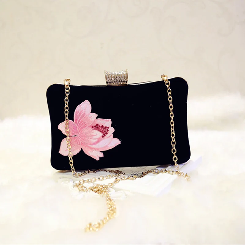 Black ETAILL сумки-клатчи с вышивкой в виде лотоса женские сумки на плечо с аппликацией на цепочке женские свадебные вечерние сумки вечерние клатчи - Цвет: Black