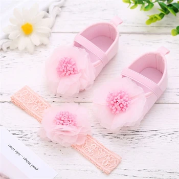 

2pcs New Toddler Baby Girls Lace Flower Shoes Headband Soft Sole Crib Shoes First Walkers Set Infant Princess Shoes Summer