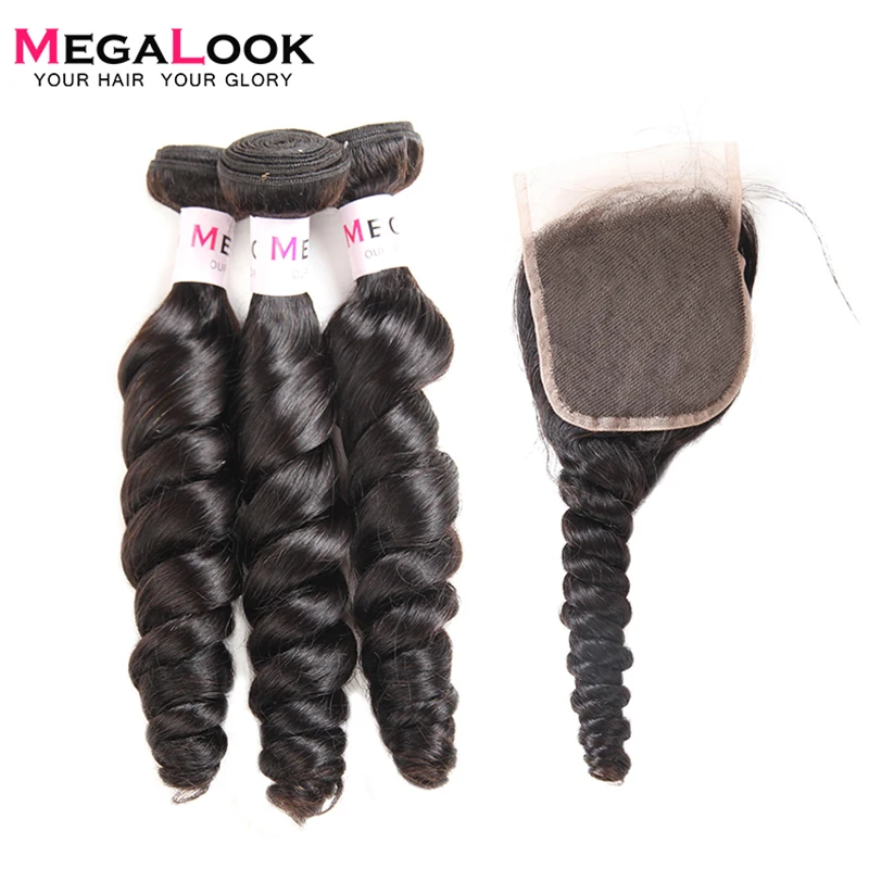 

Megalook Indian Loose Wave Bundles with Closure 3pcs 100% Remy Human Hair Bundles with Lace Closure