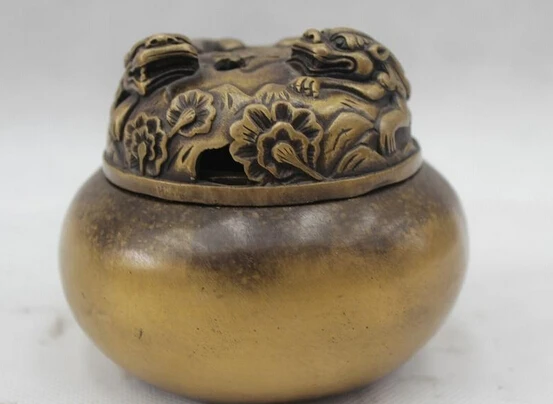 

004451 4"Chinese Marked Folk Pure Bronze Lucky Two Lion Burner incense burner Statue