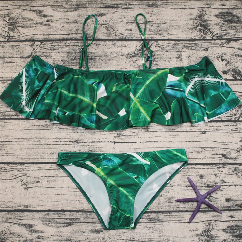 

NIDALEE 2018 Hot Bandeau Bikini Set Lace-up Summer Bathing Low Waist Sexy Plant Swimming Suit Padded Print Bandage Biquini