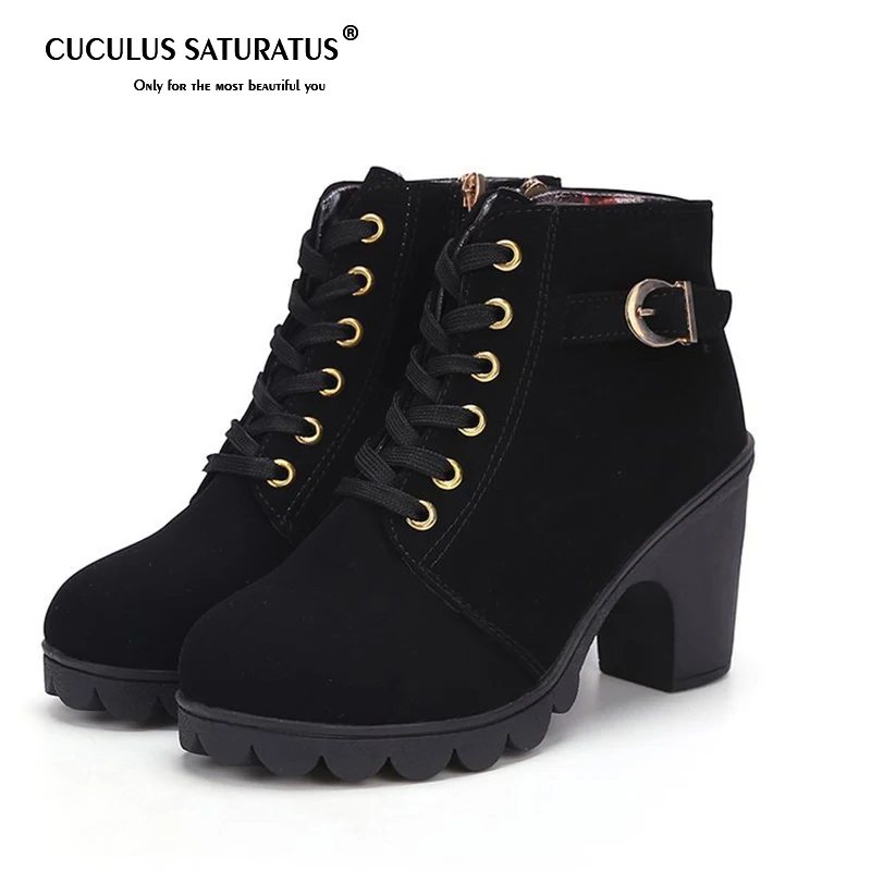 

Cuculus New Spring Winter Women Boots High Quality Solid Lace-up European Ladies shoes PU Fashion high heels Boots 656