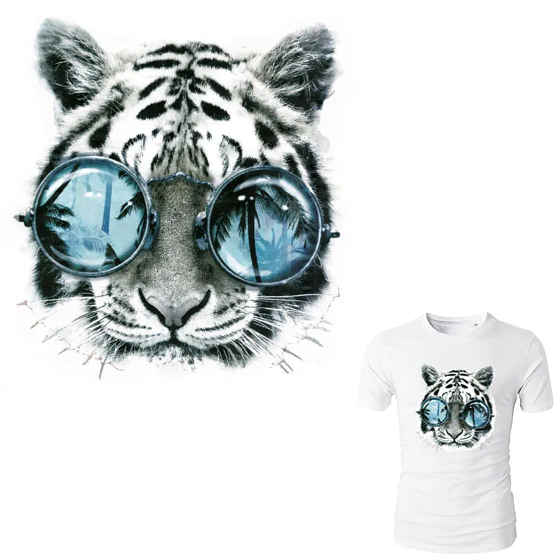 

23*25.5cm Glasses Tiger Iron On Patches For Clothing Heat Press Appliqued A-level Washable Stickers Easy By Household Irons