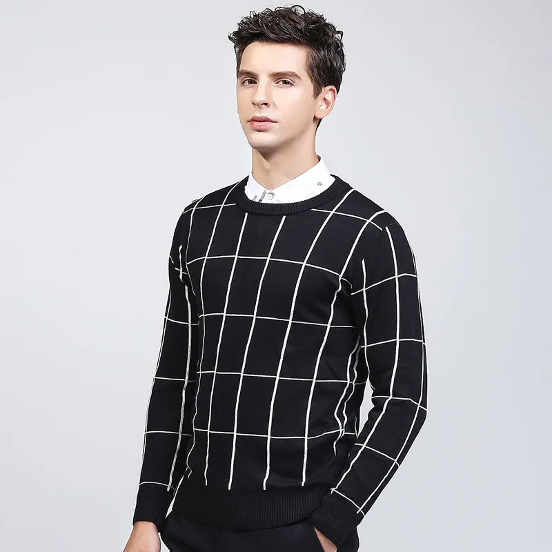 men's knitted plaid sweater pullover men black o neck