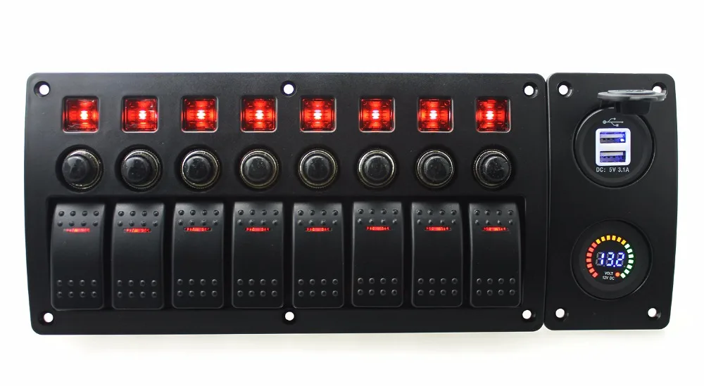 IZTOSS red led DC12V 8 Gang on-off rocker switch curved panel led 3.1A USB sockets 12V voltmeter and circuit breaker with label