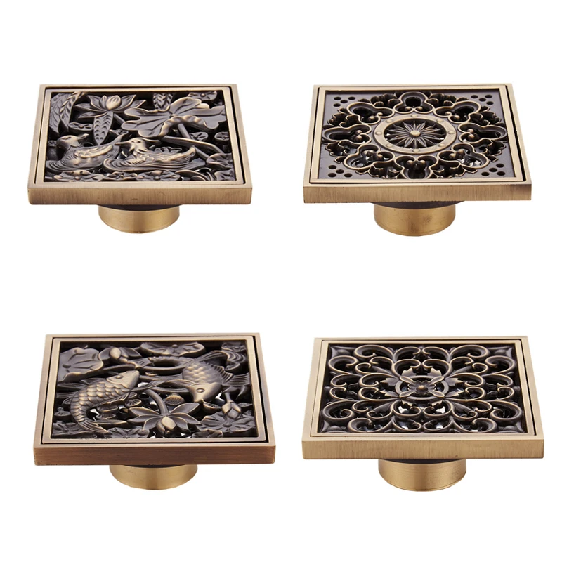 

Antique Brass Floor Drain Shower Drain Square Kitchen Waste Drain Strainer Art Carved Euro Bathroom Deodorant Drain Waste Grate