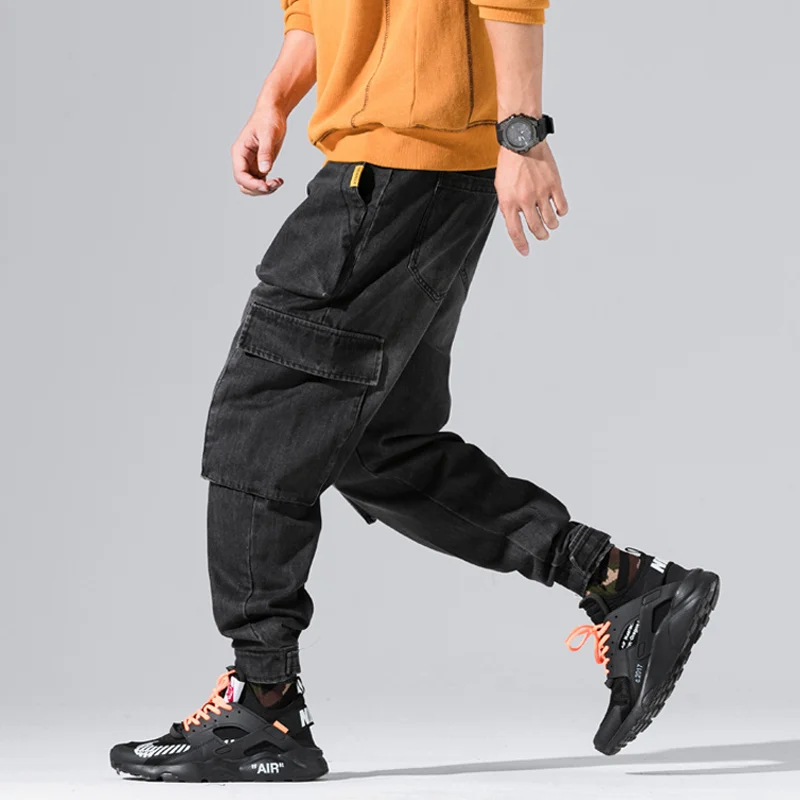 

Fashion Streetwear Men Jeans Black Color Multi Pockets Cargo Pants Loose Fit Punk Style Jogger Pants Hip Hop Jeans Harem Trouser