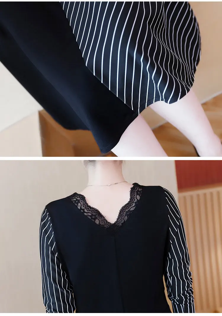 2019 Korean Fashion Women Dress Autumn Large Size Dresses Striped Patchwork Dress Ladies Lace V-Neck Long Sleeve Vestidos Robe Femme (10)