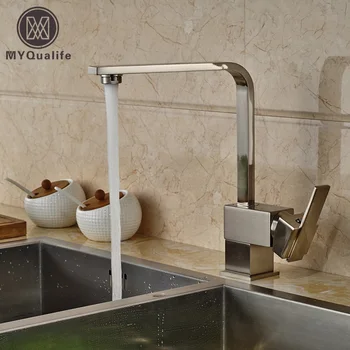 

Brushed Nickel Deck Mounted Kitchen Faucet Tap Single Hadle One Hole with Hot and Cold Water Pipes