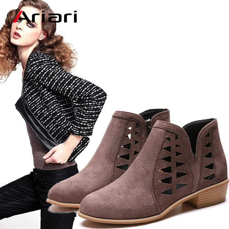 

2019 Women PU Leather Ankle Boots Western Style Summer Hollow Zipper Fashion Boots Low Heel Casual Boots for Lady Fast Delivery