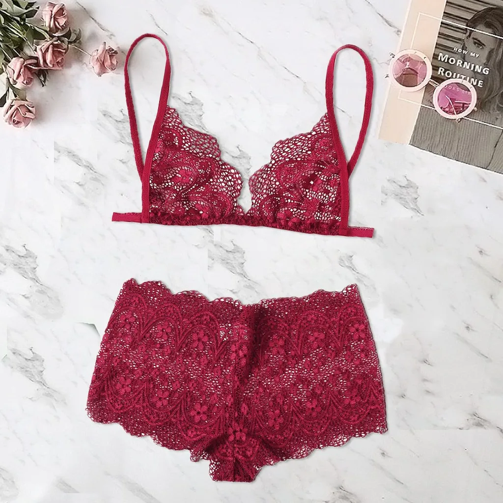 

2019 fashion explosion models underwear set new solid color sexy women's wine red lace V-neck bra underwear briefs set белье 50*