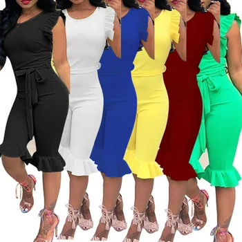 

Women's Solid Color Backless Sleeveless Jumpsuits Rompers With Ruffles Playsuit Knee Length Casual Overalls Macacao Feminino