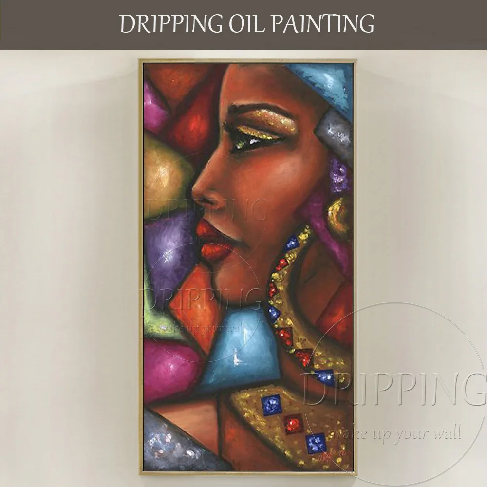 

High Quality Wall Art Pictures Hand-painted African Woman Wearing Jewelry Oil Painting on Canvas African Rich Lady Oil Painting