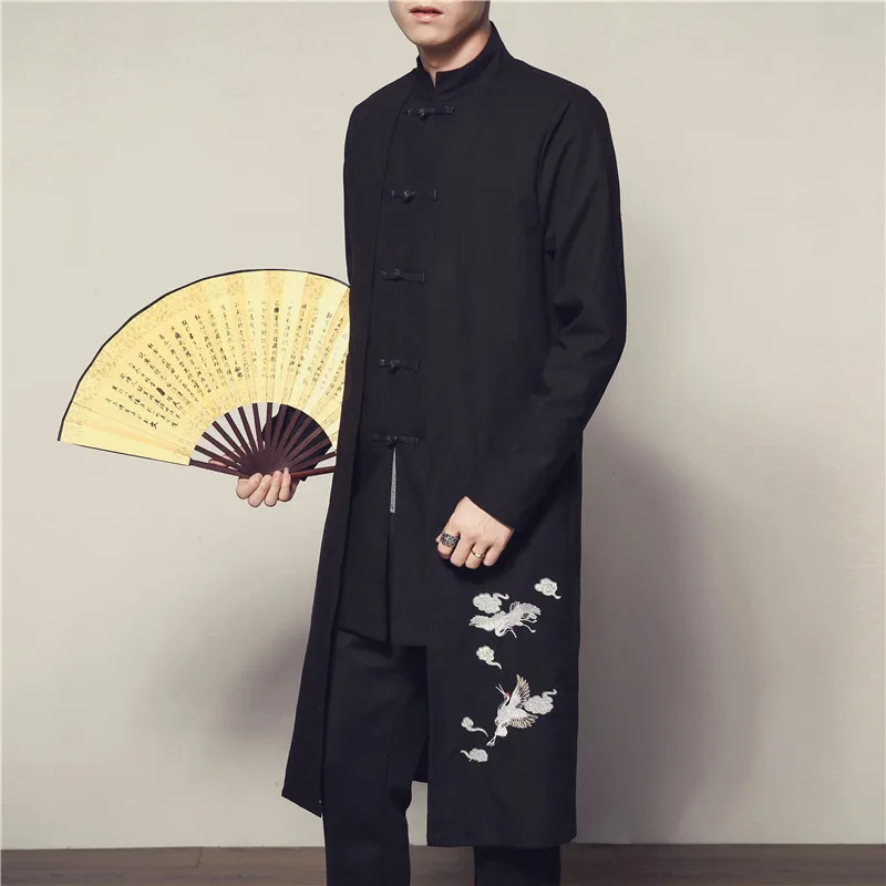  Chinese Retro Style Black men Long Coat Autumn New Single-breasted Embroidery Trench long jacket La