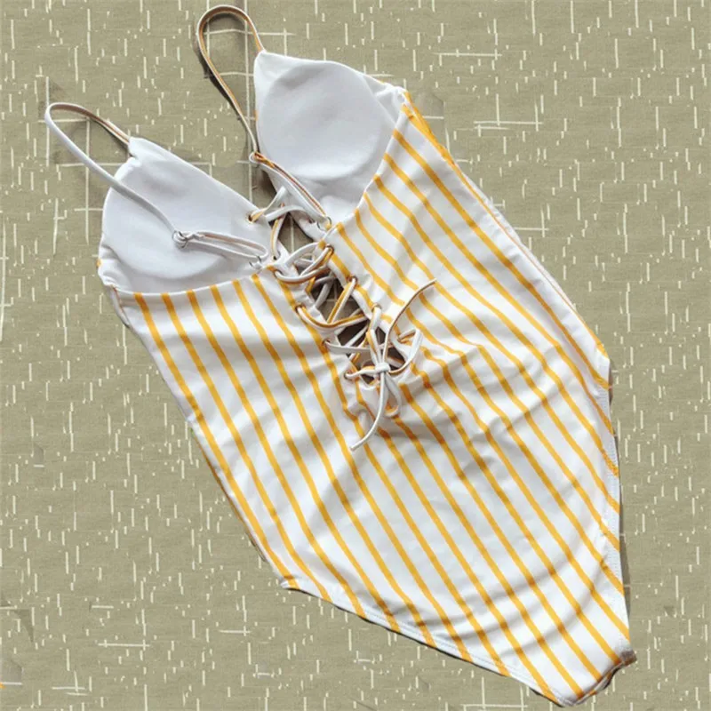 Желтый полосатый трикини купальник женский цельный купальный костюм 1 Монокини глубокий v-образный вырез купальный костюм без бретелек с высокой посадкой XL