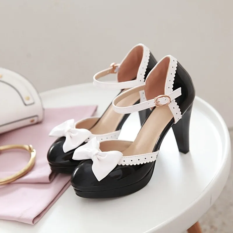 

US4-11 Womens Round Toe BowKnot Stilettos High Heel PU Leather Ankle Buckle Lolita Mary Janes Pumps Shoes 4Colors Plus Sz A1005