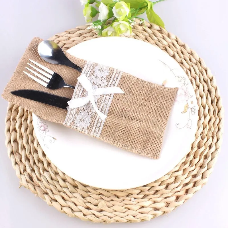 

50 Pack Natural Burlap Napkin Holders Cutlery Pouch for Vintage Wedding Decor Bridal Shower Party Table Decoration Jute Cutlery
