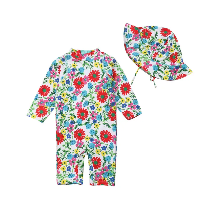 

2PCS Children Swimsuit Baby Girls Sun Protective Cartoon Floral Swimwear Rash Guard Costume Bathing Suit+Hat Holiday Beachwear