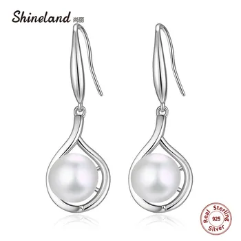 

Shineland High Quality 100% Real 925 Sterling Silver Pearl Earrings For Women Lady Female Drop Earrings Authentic Jewelry Gifts