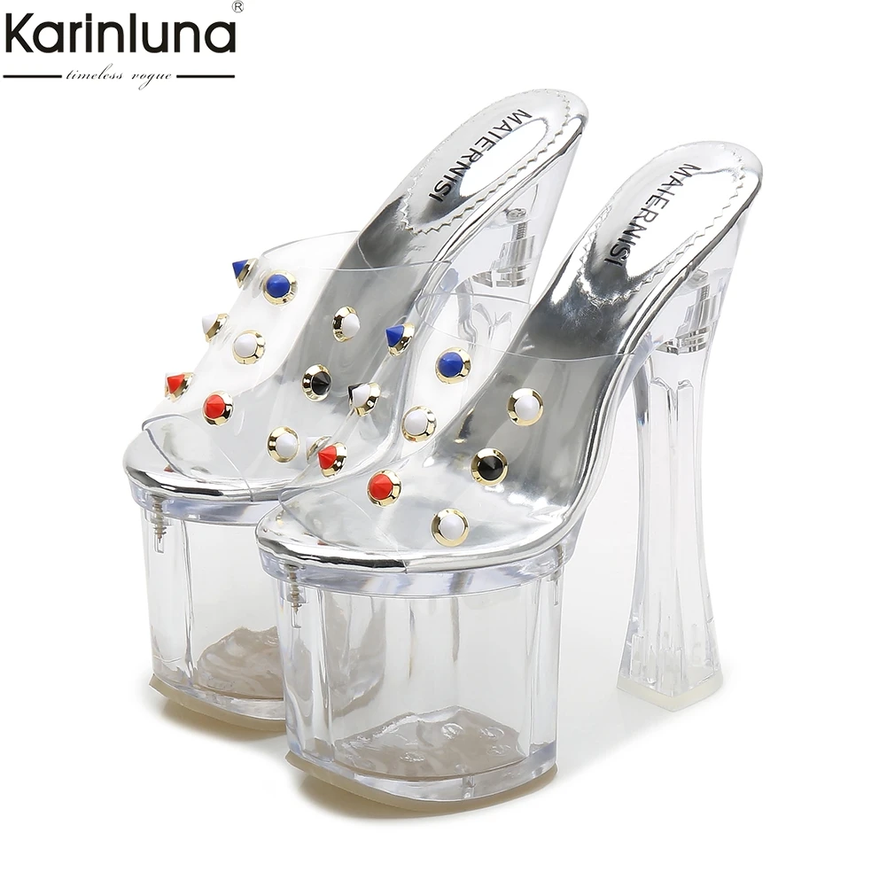 

Karinluna 2019 Large Size 41 Summer Pearls Mules Super High Heels Platform PVC Women Shoes Sexy Party Shoes Woman Sandals