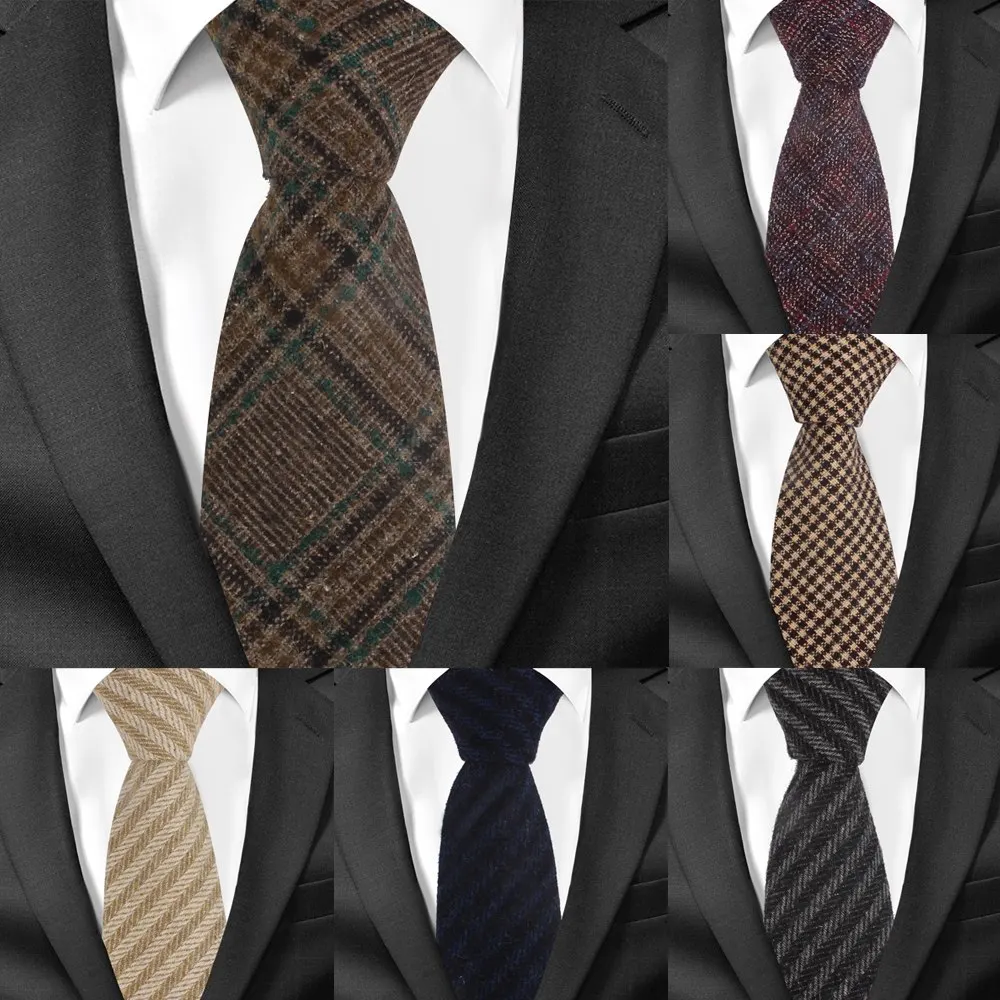 

New Wool Ties Skinny Woolen Necktie For Men Suits Mens Plaid Striped Neck Tie For Business Cravats 7cm Width Groom Neckties