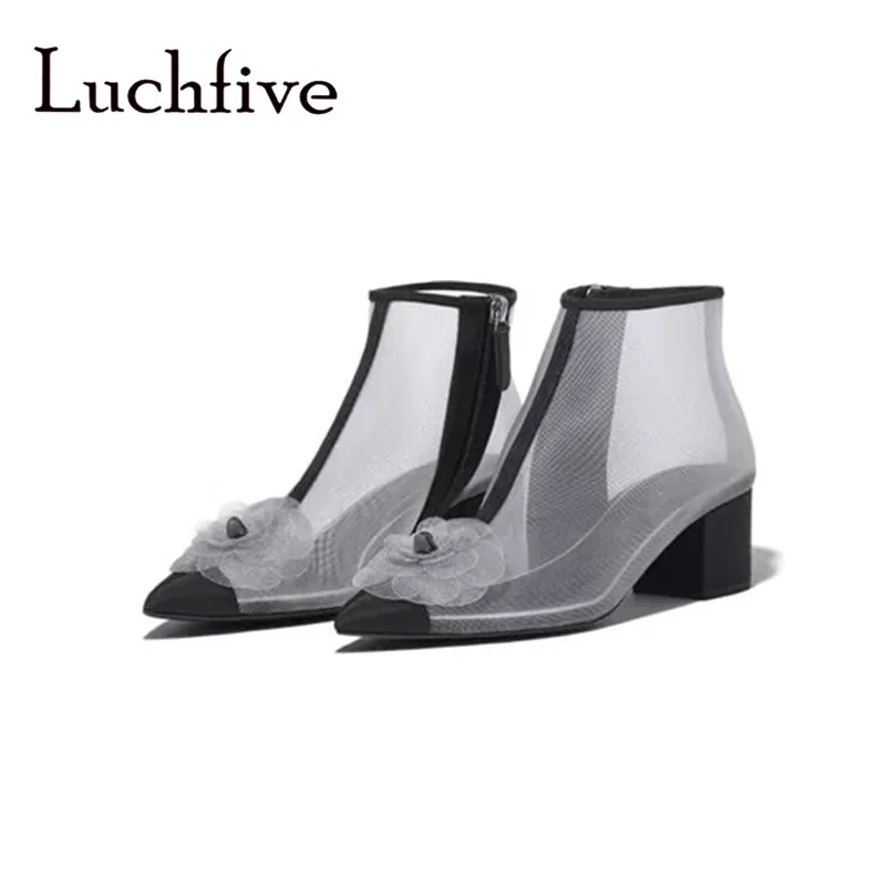 

2019 Designer Fashion Mesh Ankle Boots Elegant See Through Black Pink Flower Pointed Toe Summer Shoes Women
