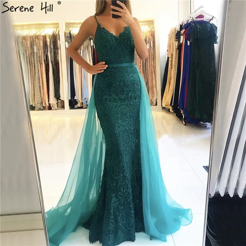 

Green Sling Lace Beading Mermaid Evening Dresses 2019 Sexy Sleeveless V-Neck Tulle Evening Gowns Real Photo LA70064