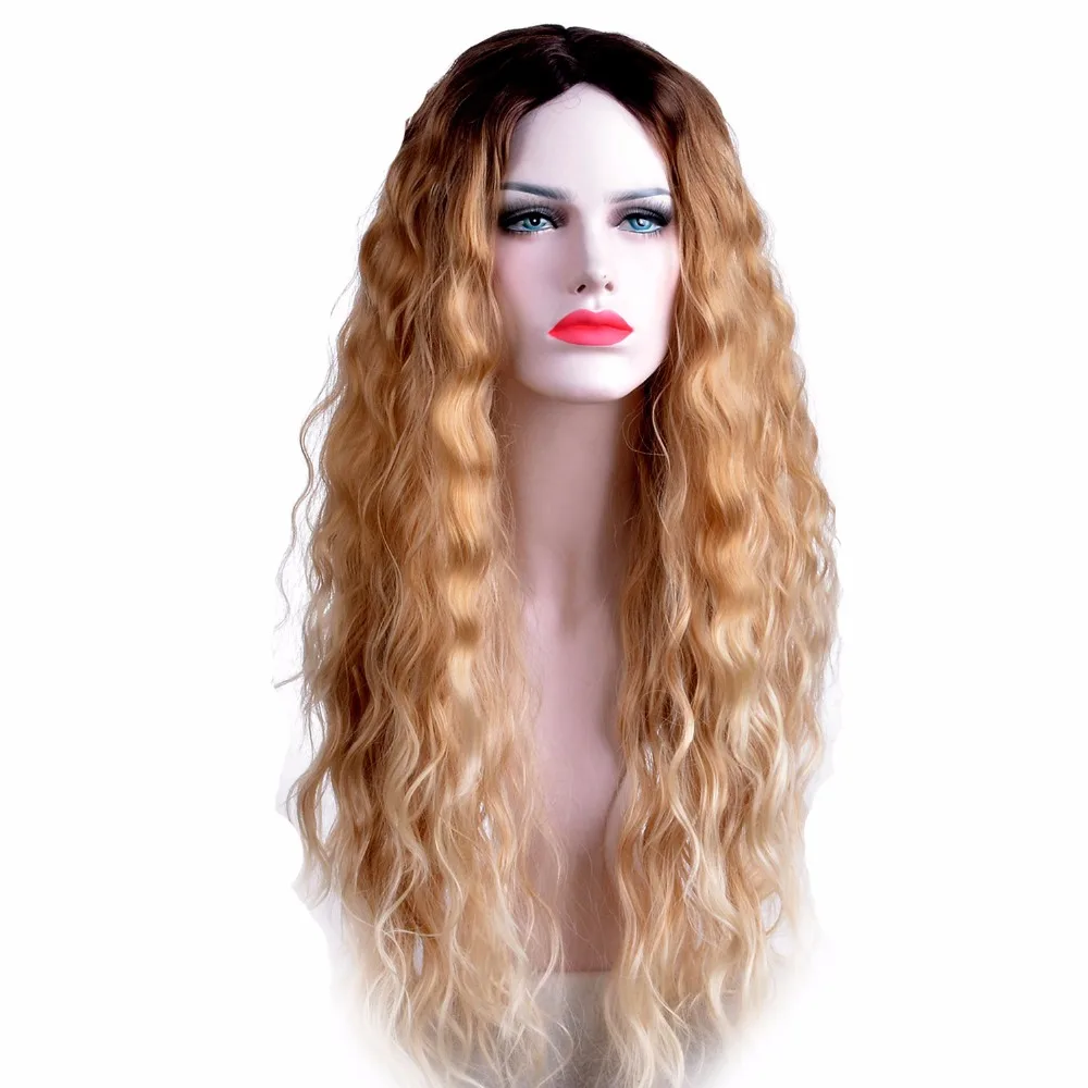 

Feibin Long Ombre Blonde Wigs for Women Synthetic Nature Wave Black 22 inches High Temperature fiber Free Shipping