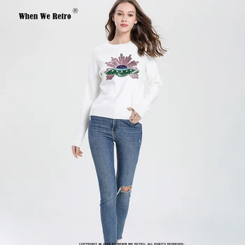 

When We Retro 2019 Spring New Pullovers 7088 Sweet Sequin Solid White Black Sweater Ladies Pullouers Coat