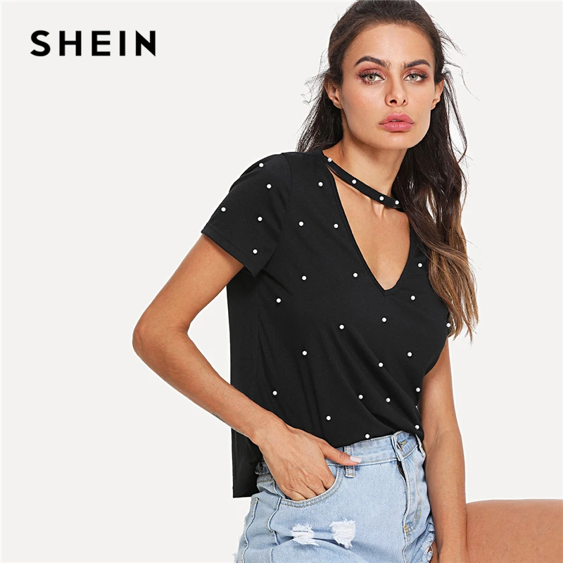 Shein الأسود اللؤلؤ الديكور المختنق الرقبة قصيرة الأكمام الخامس طوق القميص الصيف النساء weekend عارضة قمزة أعلى Shein الأسود اللؤلؤ الديكور المختنق الرقبة قصيرة الأكمام الخامس طوق القميص الصيف النساء weekend عارضة قمزة أعلى