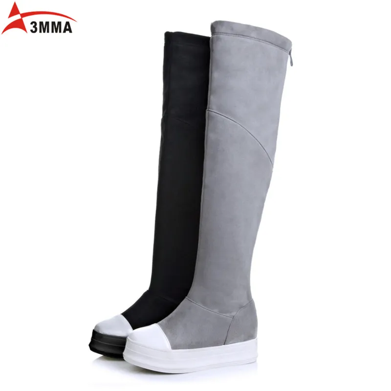 3MMA 2016 Handmade Large Size  Patchwork White Round Toe Over The Knee Boots Women Flats Platform Slip on Thigh High Long Boots