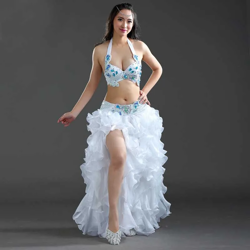 2018 New Women Belly Dance Costumes BlueWhitePurple 3PCS(Bra+Skirts+Belt) Saia Vestido Indiano Fan Dance Party Dress (4)