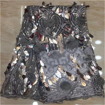 

Nigerian Lace Fabric 2019 green gray High Quality Black sequins 3d Flowers Fabric African Beautiful Mesh Lace Fabric With Beads
