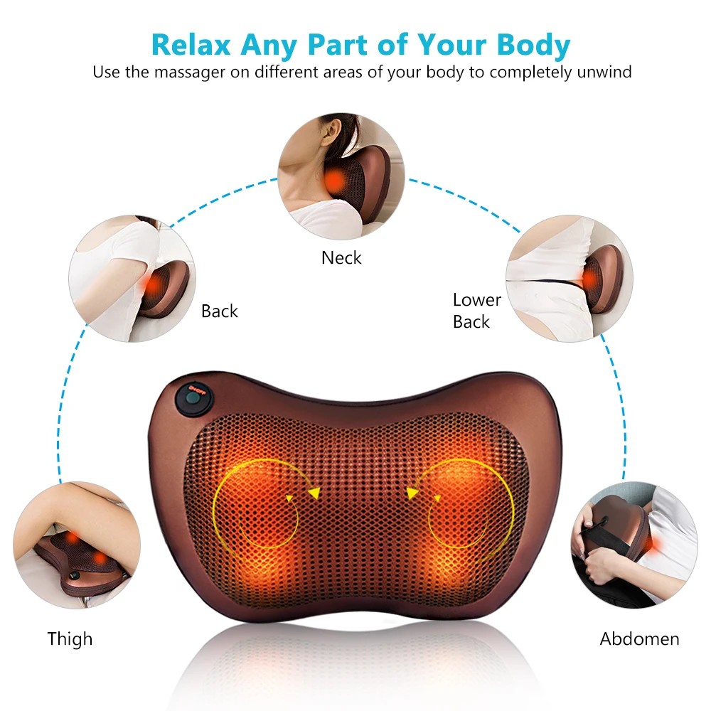 Electric Shiatsu Kneading Neck Massager Shoulder Back Body Massage Pillow Home Car Dual-Use Body Relaxation Pain Relief Massager