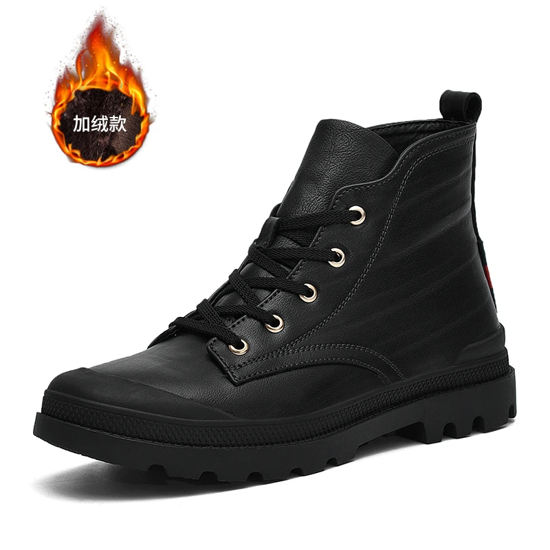 

GNORNIL Brand Genuine Leather Ankle Men Boots Fashion Winter Warm Shoes Black Casual Snow Boots Lace Up Male Short Plush Boots