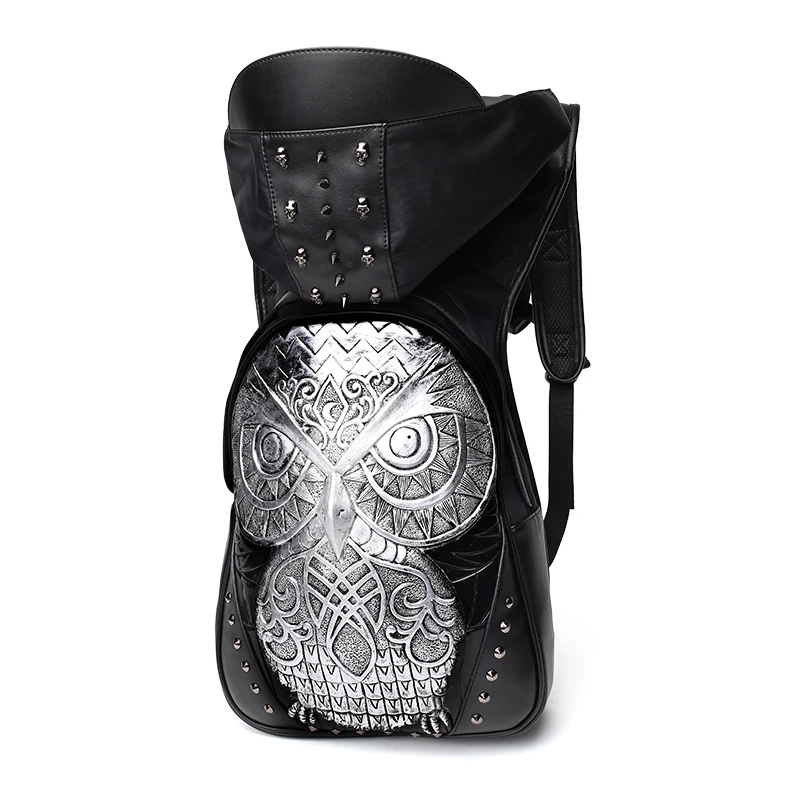 

Fashion Personality 3D Owl Backpack Embossing PU Leather Backpack Rivets with Hood Cap Apparel Bag cross bags Cool Hip-hop Man