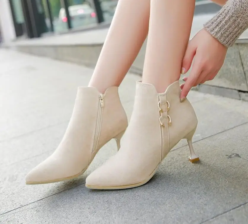 

2019 Autumn Winter Woman Boots High Heels women shoes Leather Ankle Boot Sexy Pointed Toe Boots botas mujer