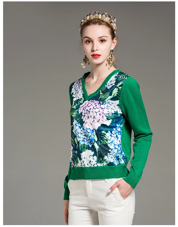 Высококачественный осенне-зимний Дизайнерский Модный свитер Женский Повседневный зеленый свитер с длинными рукавами и v-образным вырезом